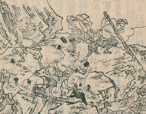 御影石を切り出すため矢穴を掘り、矢を玄翁で叩きこむ江戸時代の職人たち