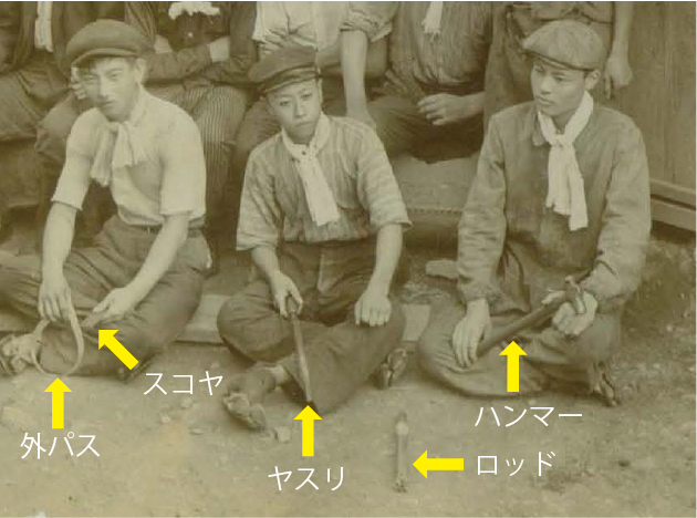 手前の3人の手には鍛冶道具が握られています。<br>地面には鍛造で制作されたロッドが置いていあります。