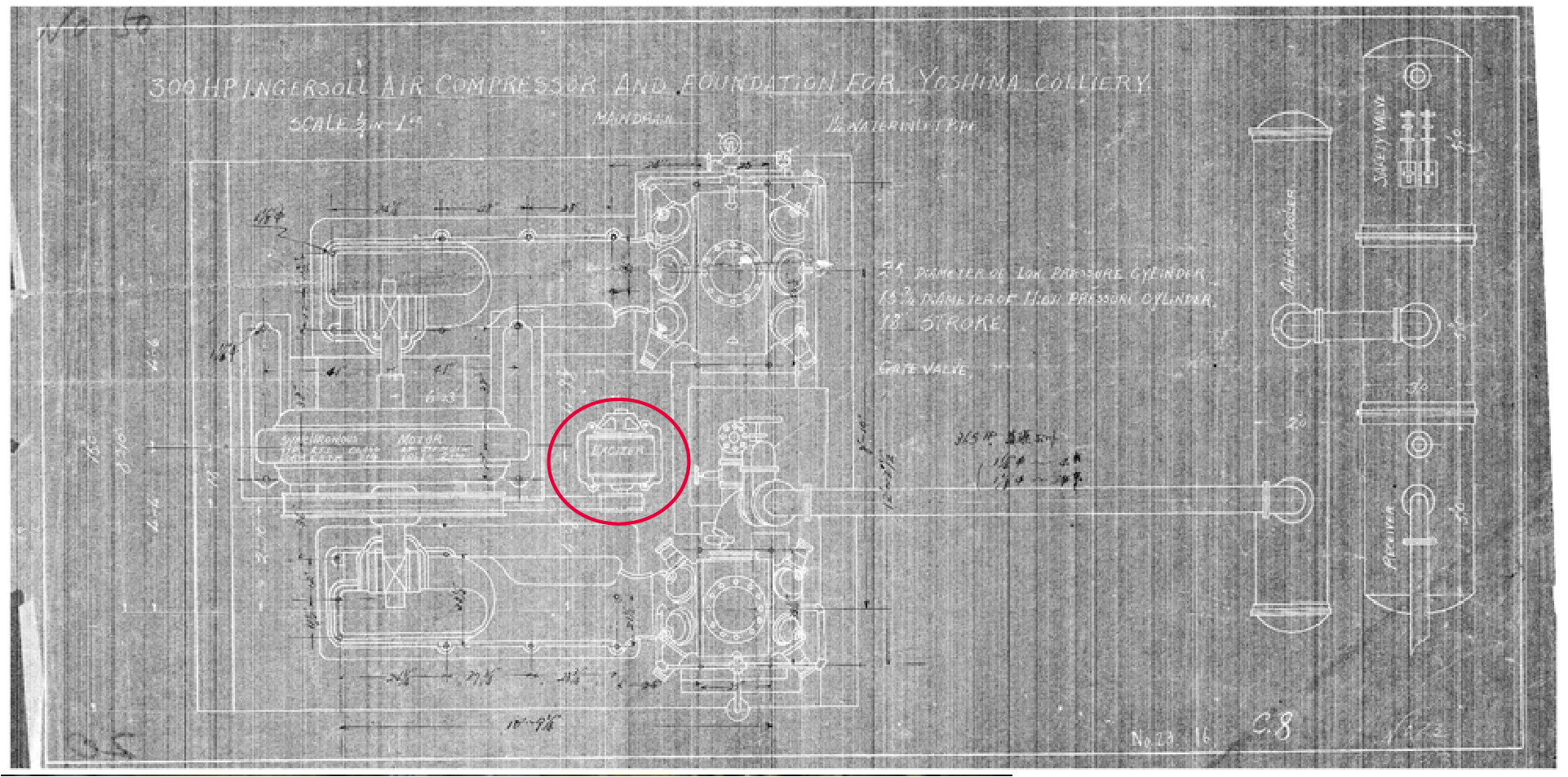 同時期に古河好間炭鉱に納入されたインガーソルランド300HPコンプレッサーの図面